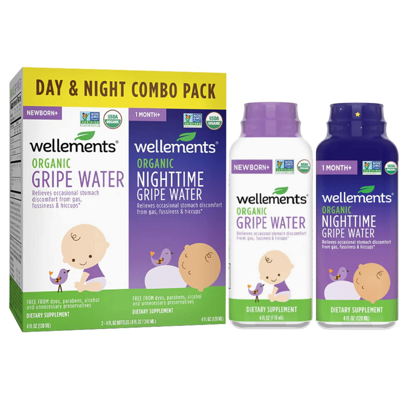 Wellements Organic Baby Gripe Water, Day & Night Combo Pack | Relieves Occasional Stomach Discomfort from Baby Gas, Colic, Hiccups and Fussiness | USDA Certified Organic (Pack of 2, 4 Fl Oz Bottles)