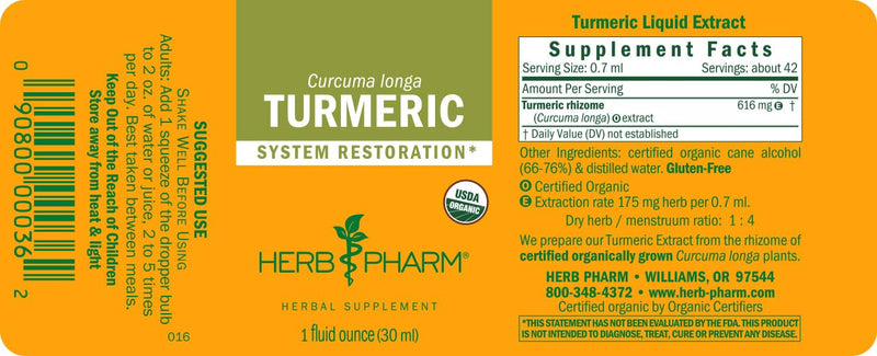 Herb Pharm Certified Organic Turmeric Liquid Herbal Extract 30ml | Traditionally Used for Multi-System Support & Wellbeing | Herbal Food Supplement 30 ml (Pack of 1)