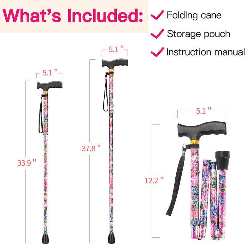 [Australia] - Walking Cane LIXIANG Cane for Man/Woman | Mobility & Daily Living Aids | 5-Level Height Adjustable Walking Stick | Comfortable Plastic T-Handle Portable Walking Stick Folding Cane Pink Print 