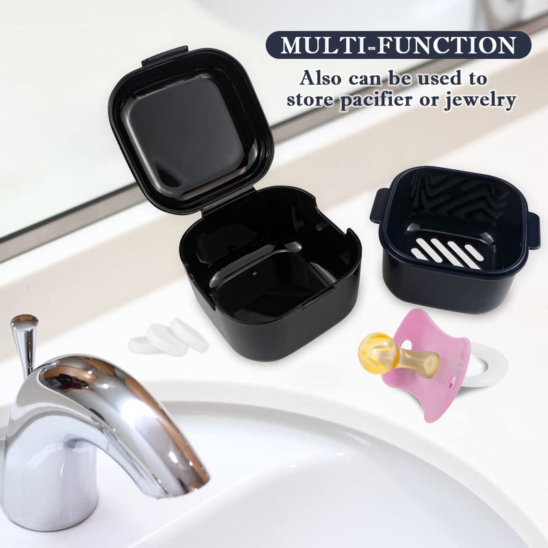 Denture Soak Container, Portable Denture Bath Box Cup, No-Leak Denture case,Retainer Cleaning Box Complete Clean Care for Dentures, Clear Braces, Mouth Guard, Night Guard & Retainers(Black) Black