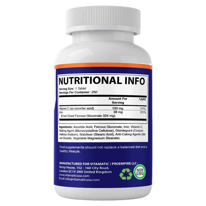 Vitamatic Ferrous Gluconate 324 mg + Vitamin C 100 mg - No Artificial Color Additives - Gentle on Stomach - 250 Coated Tablets - Made in USA