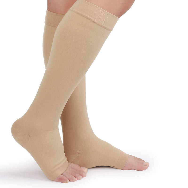 TOFLY® 30-40mmHg Medical Graduated Compression Socks for Men & Women, Open Toe Knee High Compression Socks,Firm Support for Circulation Recovery,Shin Splints,Varicose Veins,Edema,Nursing, Beige M Medium 30-40mmhg Open-toe Beige