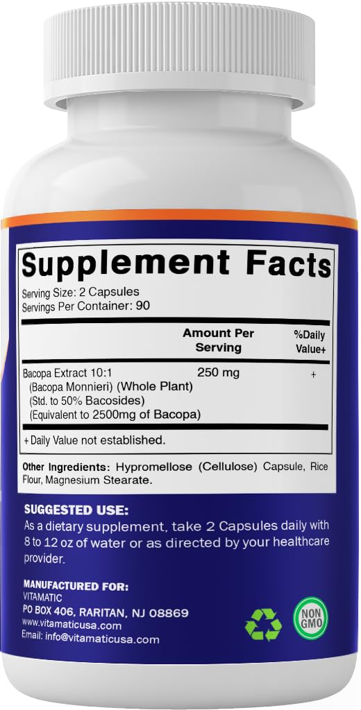 [Australia] - Vitamatic Bacopa Monnieri 2500 mg Equivalent Per Serving (from 10:1 Extract 250 mg) Nootropic Herbal Supplement - 50% Bacosides, Non-GMO & Gluten Free - 180 Vegetable Capsules 