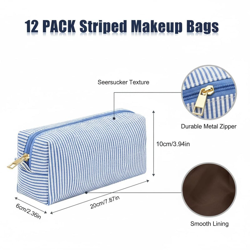 12 PACK Makeup Bags-Bulk Seersucker Cosmetic Bag for Women Bridesmaid Gifts Makeup Pouch for Wedding Party Favors Bachelorette Party Decorations Travel Toiletry Organizer Graduation Gifts(12, Blue) 12