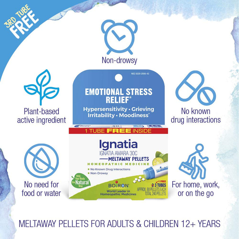 Boiron Ignatia Amara 30C Emotional Stress Relief (80 Count) and Rhus Tox 30C Joint Pain Relief (240 Pellets) Homeopathic Medicine Bonus Care Pack