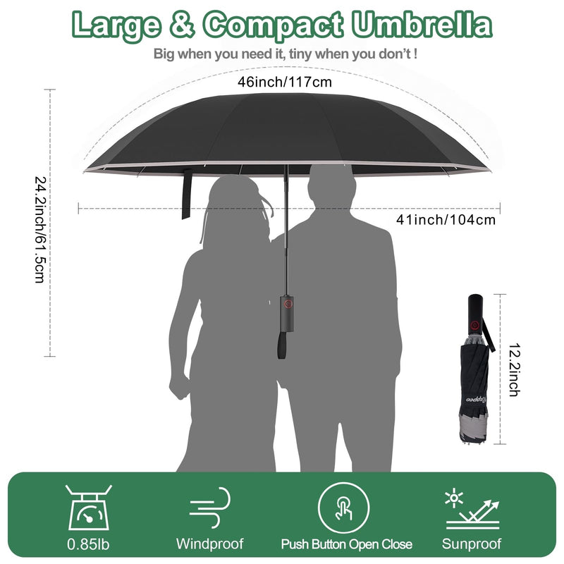 4-in-1 Inverted Travel Umbrella Compact, Automatic Large Umbrellas for Rain & Sun, Portable Windproof Umbrella for Backpack, Reverse Folding Umbrella for UV with Reflective Strips,Lightweight Black(2PACK) 46 IN