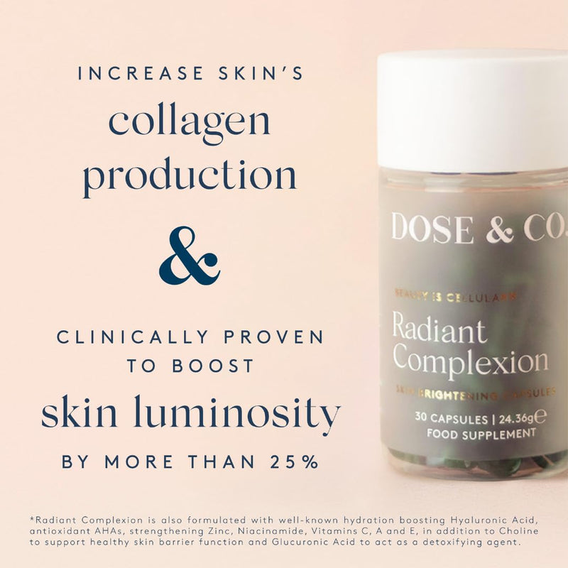 Dose & Co Radiant Complexion Capsules – 30 Capsules | Hyaluronic Acid + SkinAx2™, Vitamins & Zinc | Supports Skin Radiance, Hydration & Elasticity | Vegan, Gluten-Free Daily Skin Supplement
