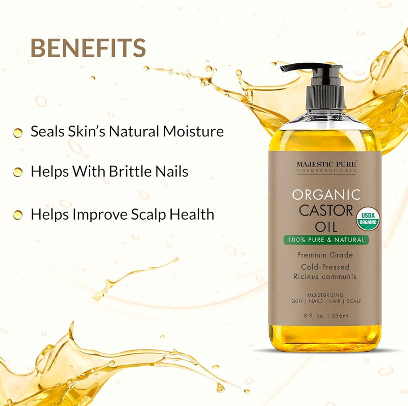 [Australia] - MAJESTIC PURE USDA Organic Castor Oil | Hexane Free & 100% Pure | Cold Pressed | Stimulate Growth for Hair, Eyelashes, Eyebrows, Nails | Body, Hair & Carrier Oil | 8oz 8 Fl Oz (Pack of 1) Castor Usda 
