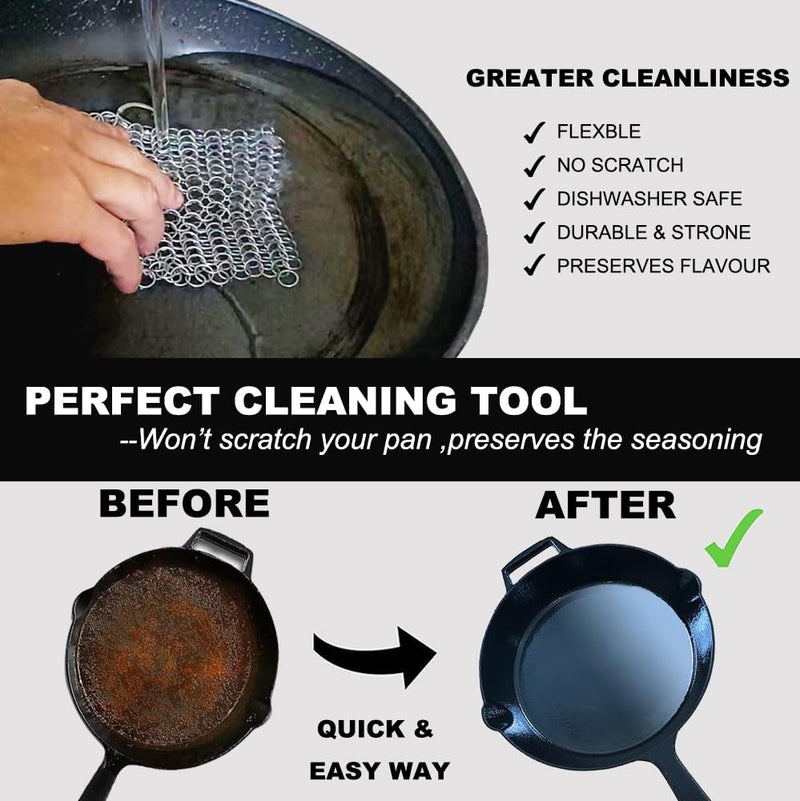 [Australia] - Cast Iron Scrubber 6 Inch Stainless Steel Scrubber Cast Iron Cleaner Household Chain Scrubber for Cast Iron Pans, Skillet, Wok, Pot, Dutch Ovens Chainmail Scrubber 6x6 Inch (Pack of 1) 