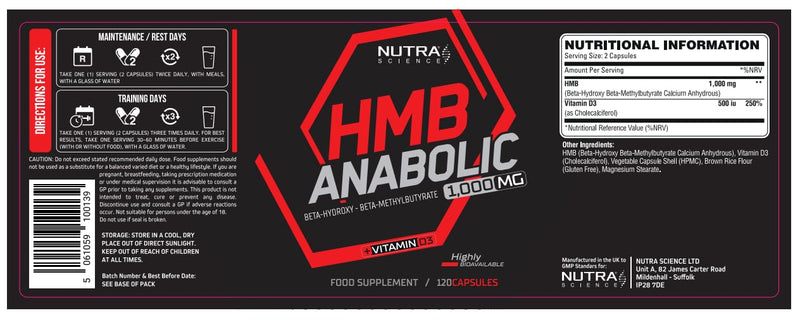 HMB Anabolic Muscle Growth Supplement – 1,000mg HMB with Vitamin D – 120 Vegan Capsules, 2 Month Supply – Supports Strength, Repair & Recovery