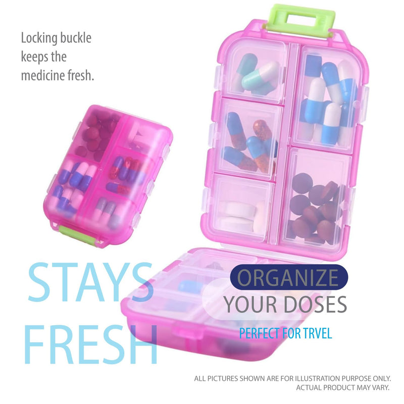 Deke Home - Portable Pill Organizer with 10 Large Compartments & 14 Medication Labels, Daily Pill Box for Vitamins, Supplements & Medicine, Portable Travel Case (Pink) Pink