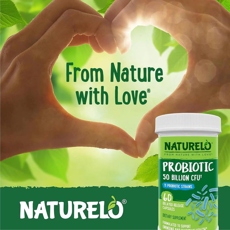 NATURELO Probiotic - Ultra Strength - 50 Billion CFU - 11 Lacto & Bifido Strains - One Daily - Gut-Friendly Bacteria - No Refrigeration Needed - 60 Vegan Capsules | 2 Month Supply 60 count (Pack of 1)
