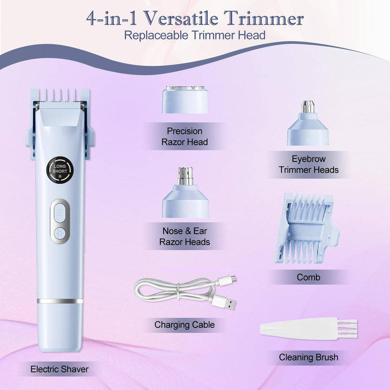[Australia] - Bikini Trimmer for Women, 4 in 1 Wet/Dry Electric Razors for Women - Dual Head, Painless Rechargeable Portable Womens Razors for Shaving Set for Face, Nose, Eyebrows, Armpits, Bikini Area (Blue) Blue 