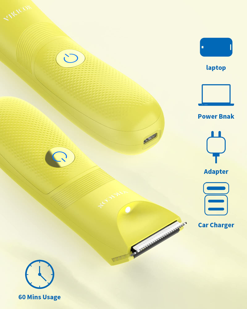 [Australia] - VIKICON Unisex Hair Trimmer - Cordless Electric Razor for Men and Women, Waterproof, Adjustable Length Guards, LED Light, Removable Blade Heads, 60-Minute Continuous Shaving Yellow 