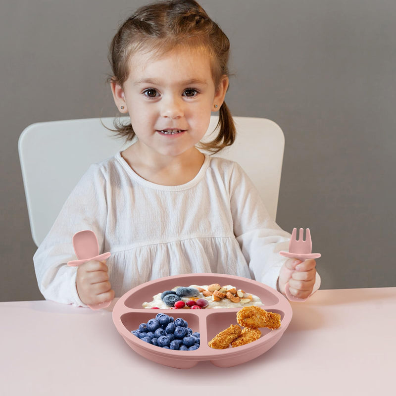 [Australia] - Silicone Feeding Set, 2 Pack Divided Toddler Plates with Suction, 2 Pack Utensils - Spoons & Forks, BPA Free, Baby Led Weaning Supplies Pink 