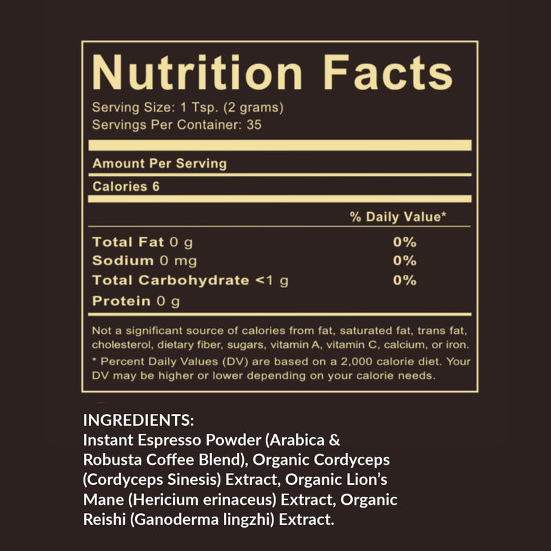 [Australia] - PureShrooms Instant Mushroom Espresso Blend - Organic Adaptogenic Coffee with Lion's Mane, Reishi, Cordyceps - Arabica & Robusta Blend, 70g - Mental Clarity & Physical Boost, 35 Servings 