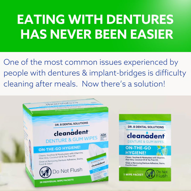 [Australia] - Dr. B Dental Solutions Cleanadent Dental Wipes, Denture Cleaner Removes Adhesives, Food, Stains, and Odor 30 Count Pack of 2 60 Count (Pack of 2) 