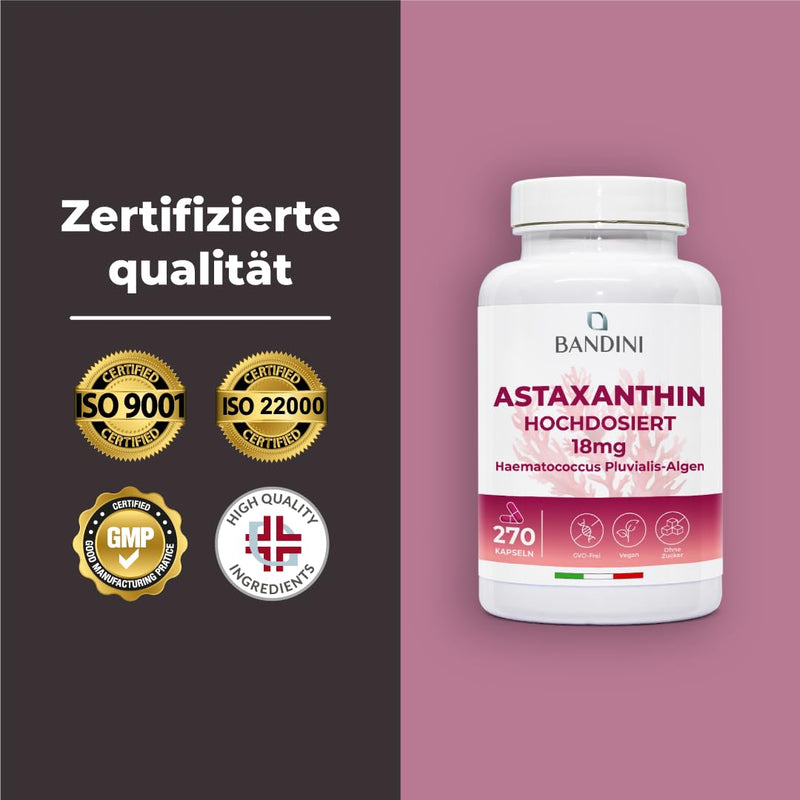[Australia] - Bandini® Pure Astaxanthin 18 mg per capsule, 270 capsules (9 month supply), Algae Haematococcus Pluvialis - Natural Astaxanthin, free from magnesium stearate, GMO free 