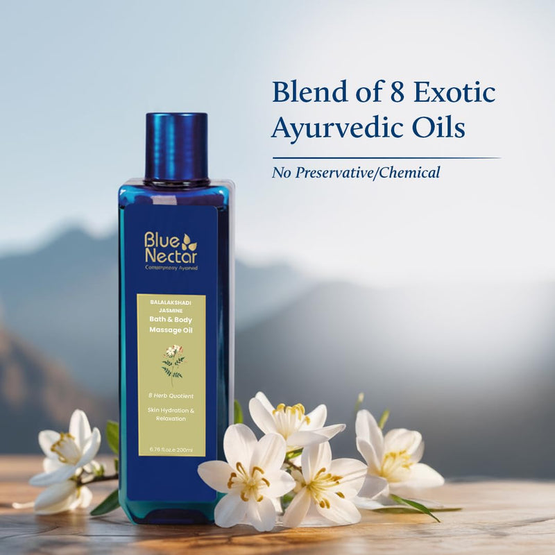 Blue Nectar Jasmine Body Massage Oil | Sensual Massage Oil for Couples | After-Shower Body Oil for Full Body Relaxing Massage Therapy | 8 Ayurveda Oils with Vitamin E & Ashwagnadha (6.76 Fl Oz) 6.76 Fl Oz (Pack of 1)