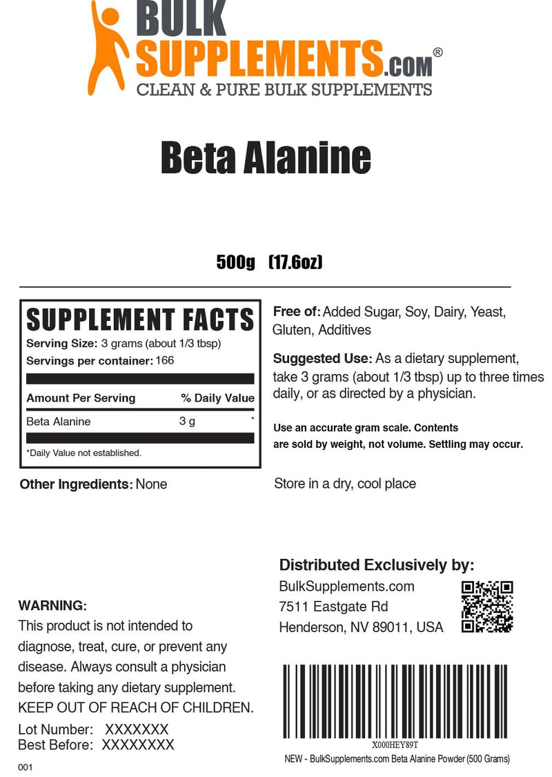 BulkSupplements.com Beta Alanine Powder - Beta Alanine Supplement, Beta Alanine Pre Workout, Beta Alanine 3000mg - Unflavored & Gluten Free, 3g per Serving, 500g (1.1 lbs) (Pack of 1) 166 Servings (Pack of 1)