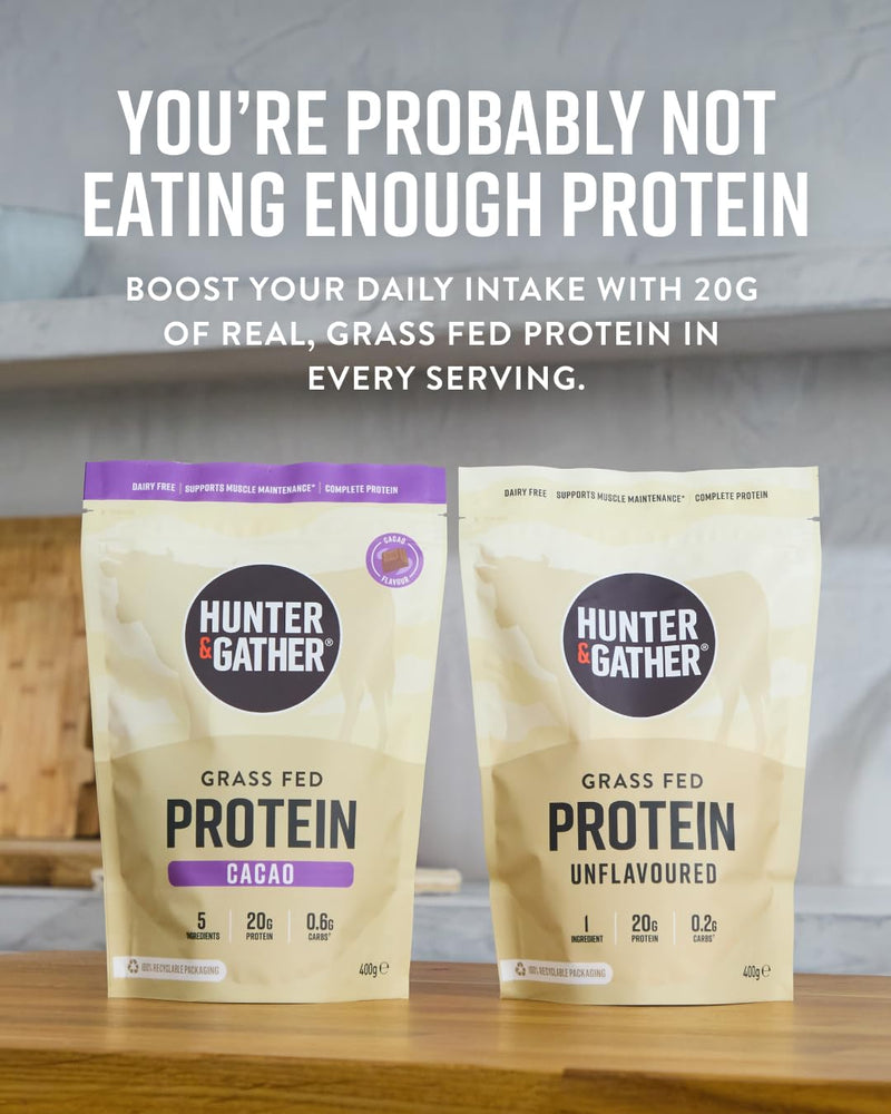 Hunter & Gather Cacao Grass Fed Beef Protein Powder 400g | 20g Protein per Serving | No Artificial Sweeteners or Fillers | Lean Muscle Growth | Dairy Free | Naturally Easy to Digest