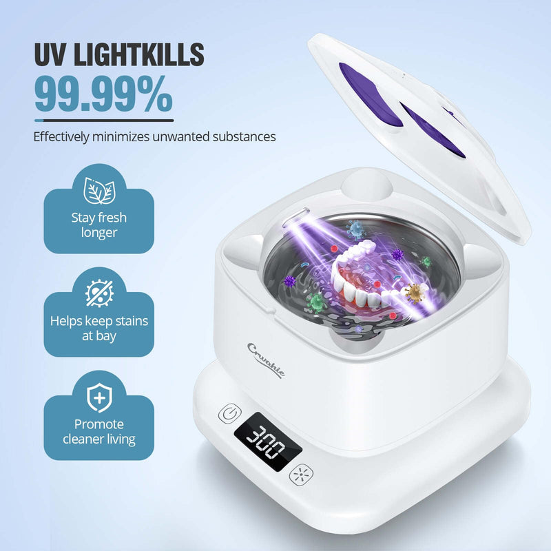 [Australia] - Ultrasonic Retainer Cleaner, Detachable 45kHz Retainer Cleaner Machine 3 Modes Dental Cleaning Pod with Visible Window Digital Timer for Mouth Guard, Dentures, Aligner, Braces, Jewelry - White 