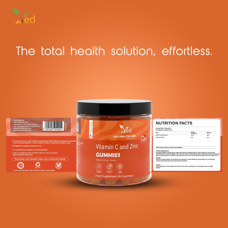 Vitamin C and Zinc Gummies, 120 Tasty Gummies, Natural Orange Flavour, 2 per Day, Gluten-GummiesFree, Non-GMO & Vegan-Friendly, Easy to Chew, Bioavailable Forms (L-Ascorbic Acid & Zinc Citrate)