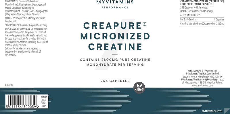 Myprotein The Creatine (Creapure®) | Micronised Creatine Monohydrate Tablets | Pure Creapure® | High Purity | 2800mg Per Serving | Unflavoured | Premium Creatine Nutritional Supplement (245 Capsules)