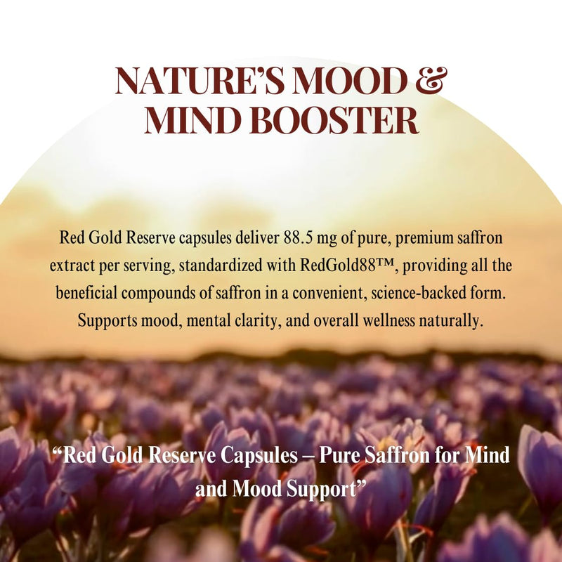 Red Gold Reserve Pure Saffron Extract Supplement | RedGold88™ | 88.5 mg | 60 Capsules (2-Month Supply) | Mood Support, Mental Clarity & Relaxation | Premium Herbal Supplement (1) 1
