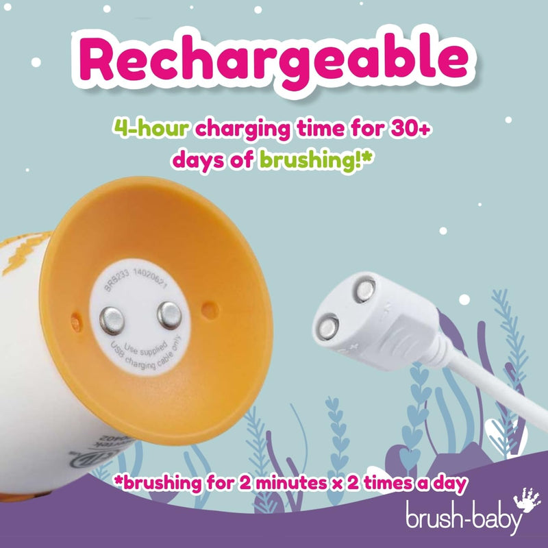 [Australia] - BrushBaby - WildOnes - Kids Rechargeable Electric Toothbrush, Ages 0-10 - Holly Hippo Design with Flashing Lights - DeepClean Bristles for Superior Cleaning - 2 Replacement Brush Heads, 1 USB Cable 