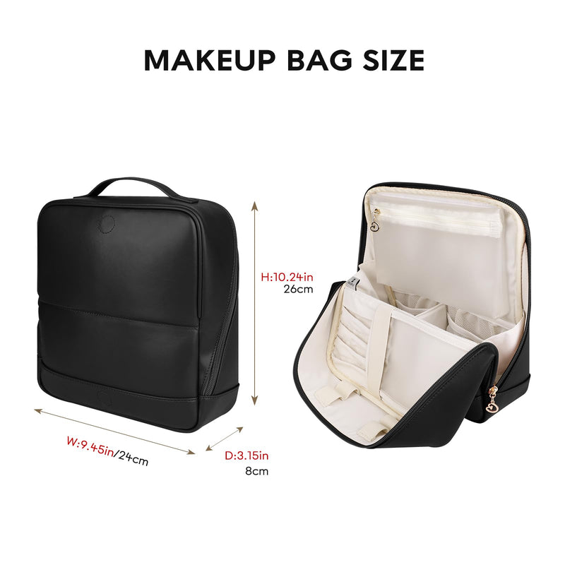GIVLEFLY Standing Makeup Bag for Women, Large Travel Cosmetic Organizer | Standing travel makeup bag with divided storage, brush compartment, wide opening and water-resistant microfiber leather. Black