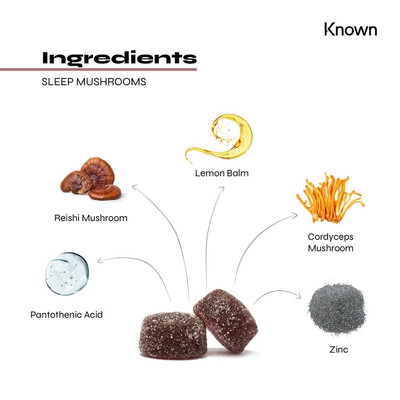 Known Tasty Sleep Mushrooms Gummies - Reishi, Cordyceps, Vitamin B - Reduces Fatigue - Natural Pomegranate Flavour - 60 Vegan Gummies, 1 Month Supply