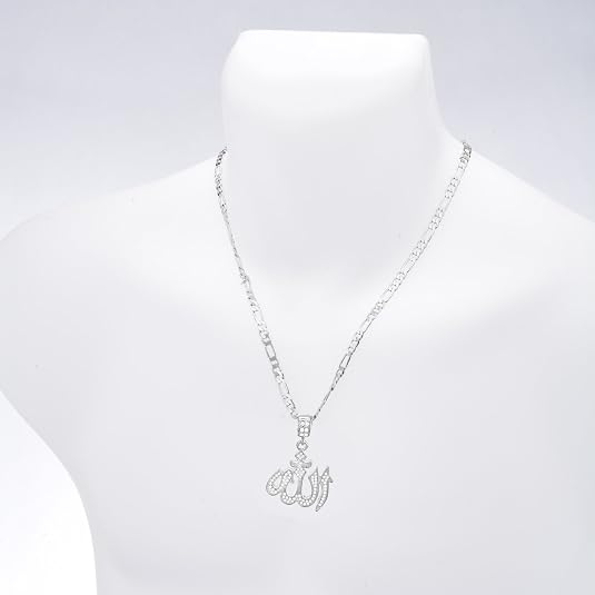 24" Figaro Chain Men's Silver Plated Iced Allah Sign Pendant Necklace KC 1137 S