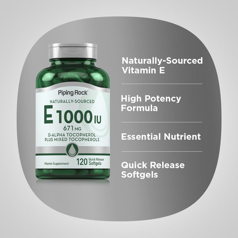 [Australia] - Piping Rock Vitamin E 1000 IU Softgel Capsules | 120 Count | with D-Alpha and Mixed Tocopherols | Gluten Free, Non-GMO Supplement 
