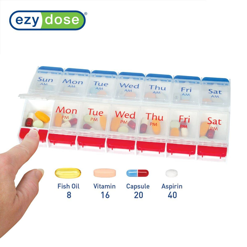 EZY DOSE Push Button (7-Day) Pill Case, Medicine Planner, Daily Vitamin Organizer, 2 Times a Day AM/PM, Large Compartments, Arthritis Friendly, Easy to Use, Clear Lids, Red/Blue, BPA Free (Pack of 2) 1 Count (Pack of 2)