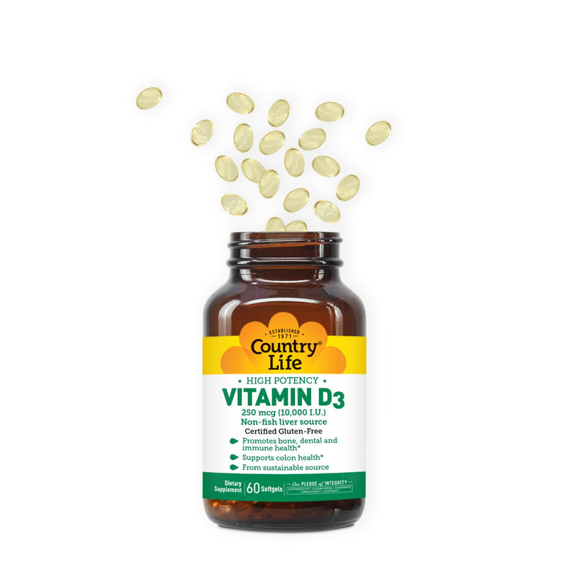 Country Life Vitamin D3 10,000 IU, 60 Softgels, Certified Gluten-Free | High-potency vitamin D3 from lanolin promotes bone, dental, immune and colon health