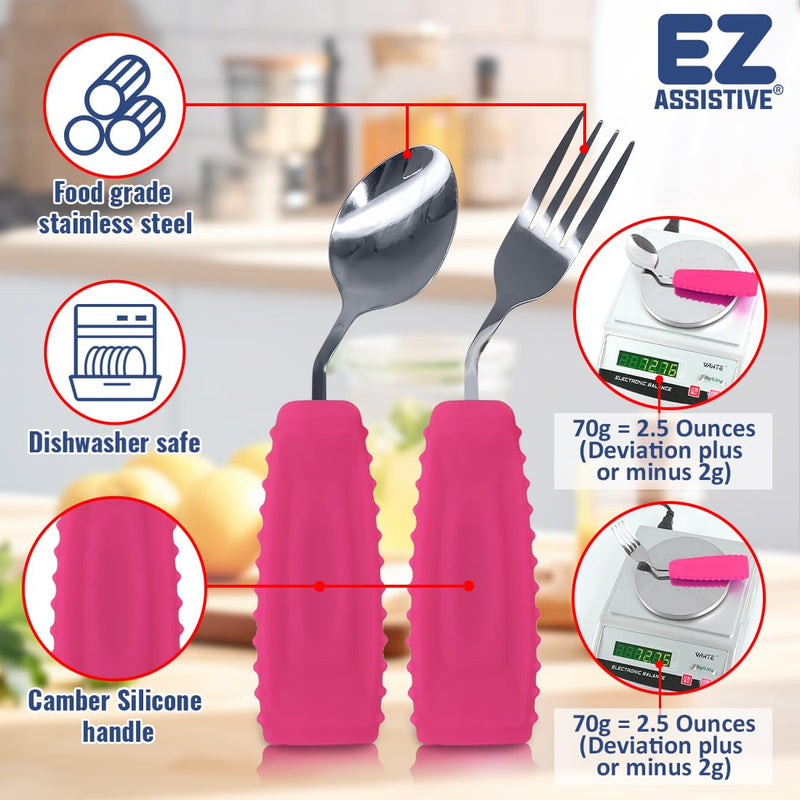 [Australia] - Adaptive Weighted Utensils Set – Spoon and Fork for Hand Tremors, Parkinson’s, Elderly, and Arthritis – Adaptive Eating Utensils for Weak Grip and Limited Mobility Left Hand - 1 Set DeepPink Spoon and Fork 