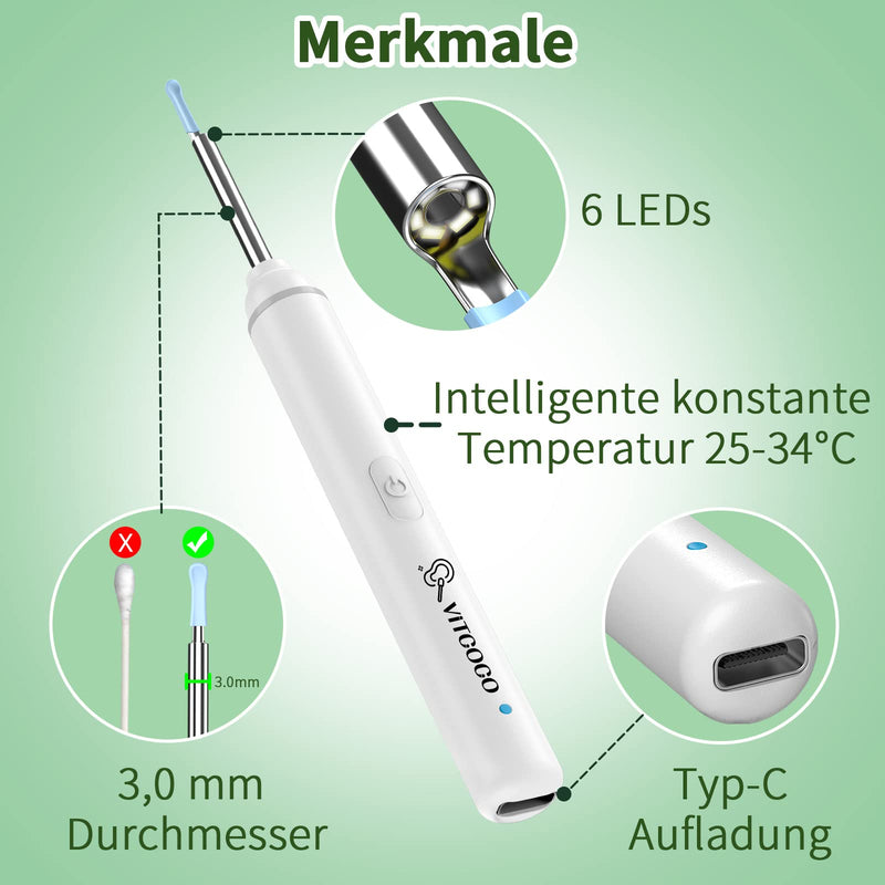 [Australia] - Earwax Remover Otoscope, VITCOCO 1920P Wifi Ear Cleaner, Ear Cleaner with Camera, Otoscope with 6 LEDs for iPhone, iPad and Android Smartphones, White 
