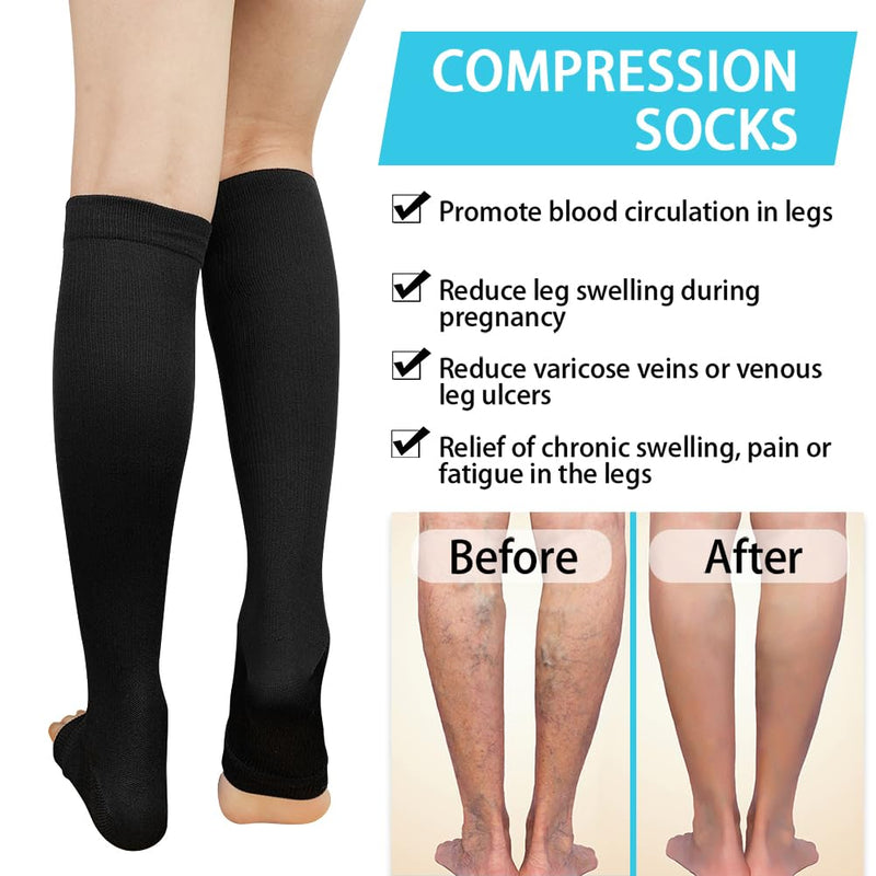 [Australia] - ACWOO compression stockings for women and men, 2 pairs of support stockings, medical compression socks with 15-20 mmhg thrombosis stockings, open toe compression socks for running, sports, flights, cycling (black) 2 pairs - one size black 