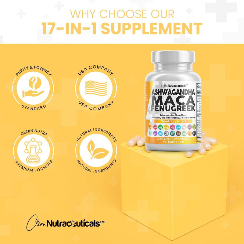 [Australia] - Ashwagandha 5000mg Maca Root 2000mg Fenugreek 3000mg Supplement with Tongkat Ali Ginseng - Assists with Stress, Mood & Thyroid Health - Ashwagandha Capsules Maca Pills Fenugreek Caps - 60 Count 