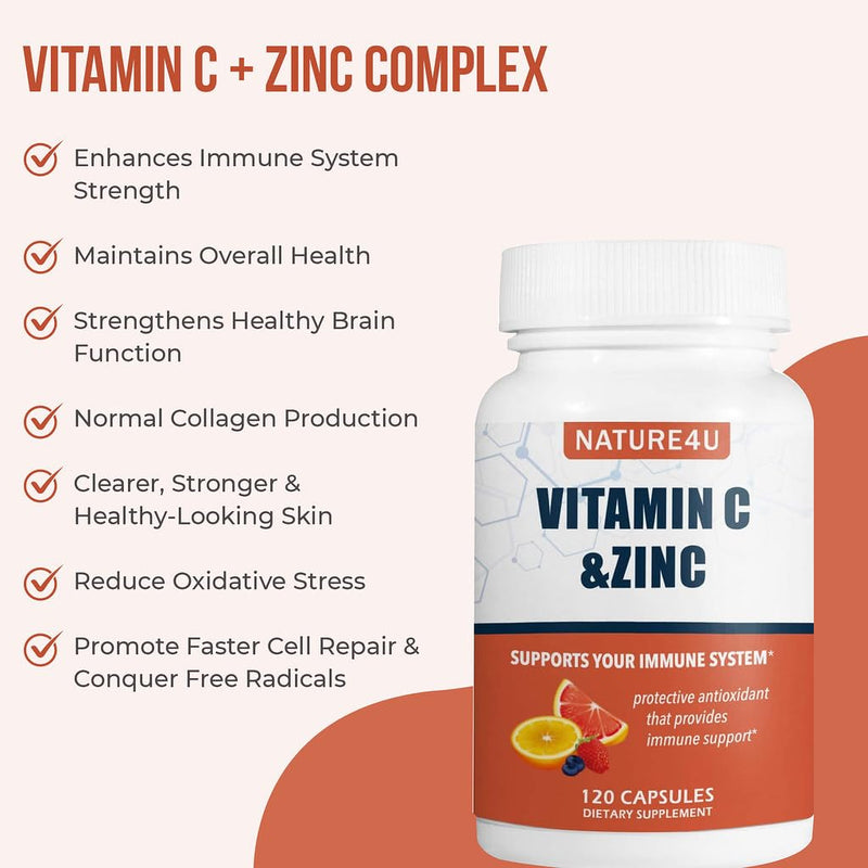 Vitamin C 1000mg with Zinc, Rose Hips and Citrus Bioflavonoids, Immune Support Supplement Antioxidants Protection, 120 Capsules 120 Count (Pack of 1)