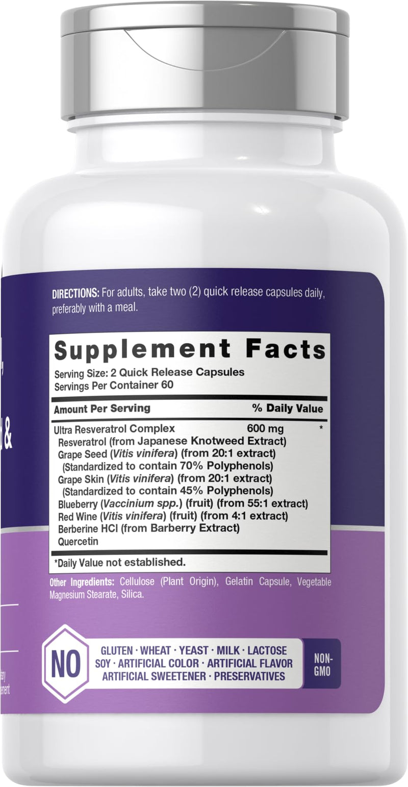 Horbäach Resveratrol Berberine Grape Seed & Quercetin | with Blueberry & Red Wine Extract | 120 Capsules | Non-GMO, Gluten Free Supplement