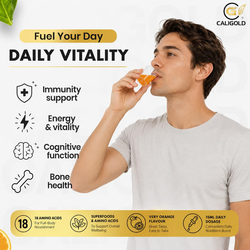 CALIGOLD Health Super Ultra Multivitamins and Minerals - Super Liquid Vitamins Boost Includes Super Greens & Amino Acids in Orange Flavour Daily Supplement