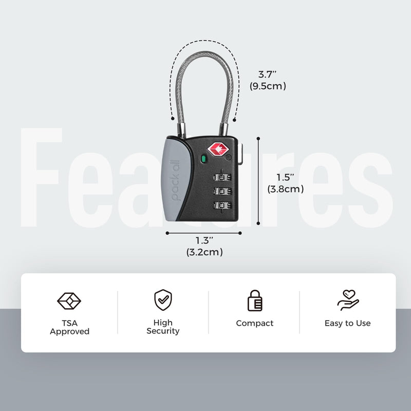 pack all Travel Accessories Bundle | TSA Cable Luggage Lock (1 Pack Grey + 4 Pack Black)