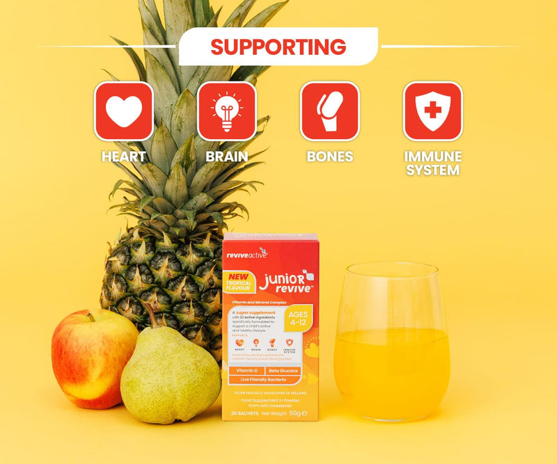 Junior Revive, Kids Multivitamin - 23 Active Ingredients - 1 Daily Sachet - Childrens Vitamin & Mineral Complex - Supports Heart Health, Mental Performance and Immune System - 20 Sachets Tropical