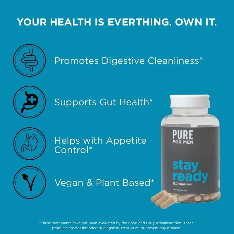[Australia] - Pure for Men Original Vegan Cleanliness Stay Ready Fiber Supplement | Helps Promote Digestive Regularity | Psyllium Husk, Aloe Vera, Chia Seeds, Flaxseeds | Proprietary Formula | 120 Vegan Capsules 120 Count (Pack of 1) 
