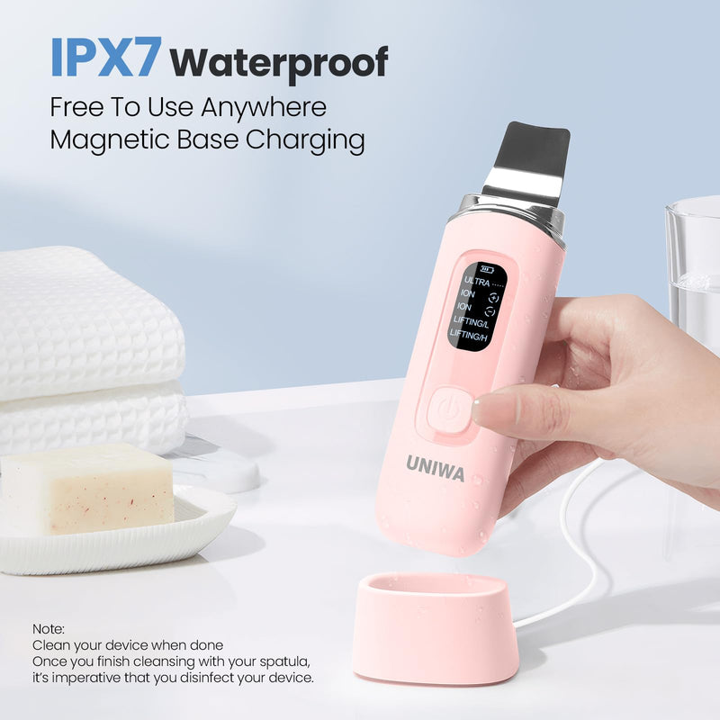 UNIWA Skin Scrubber Face Spatula, Skin Scrubber Pore Cleaner Blackhead Remover Tool for Deep Facial Cleansing - 4 Modes, Face Spatula with USB Charger, LCD Display, IPX7 Waterproof -Pink