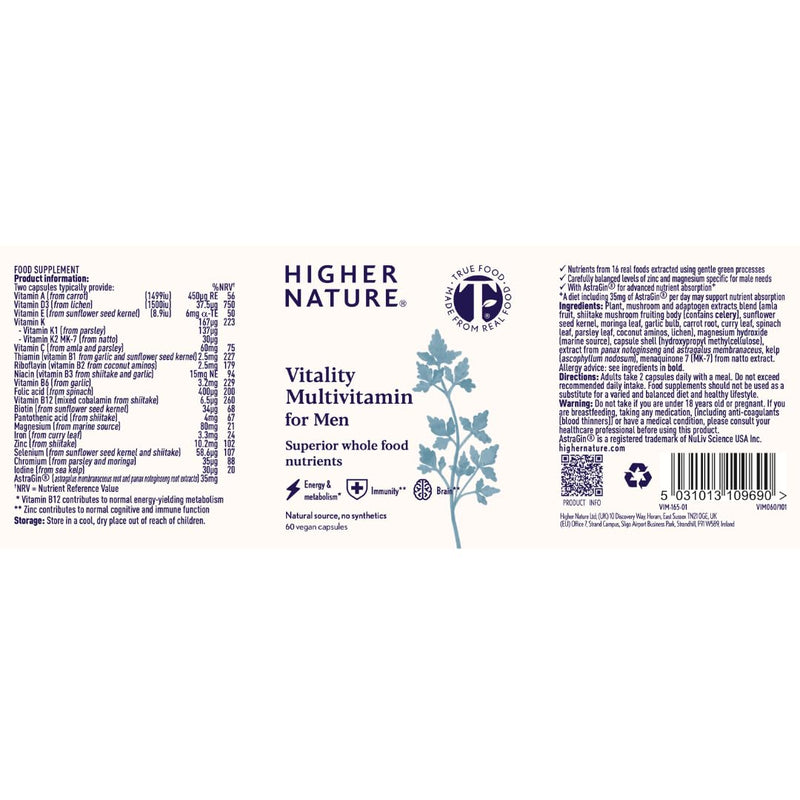 Higher Nature Vitality Multivitamin for Men - True Food® Formula Nutrients from 16 Real Foods - Vegan Multivitamin - One Month Supply of Mens Vitamins - 60 Multi Vitamins Capsules