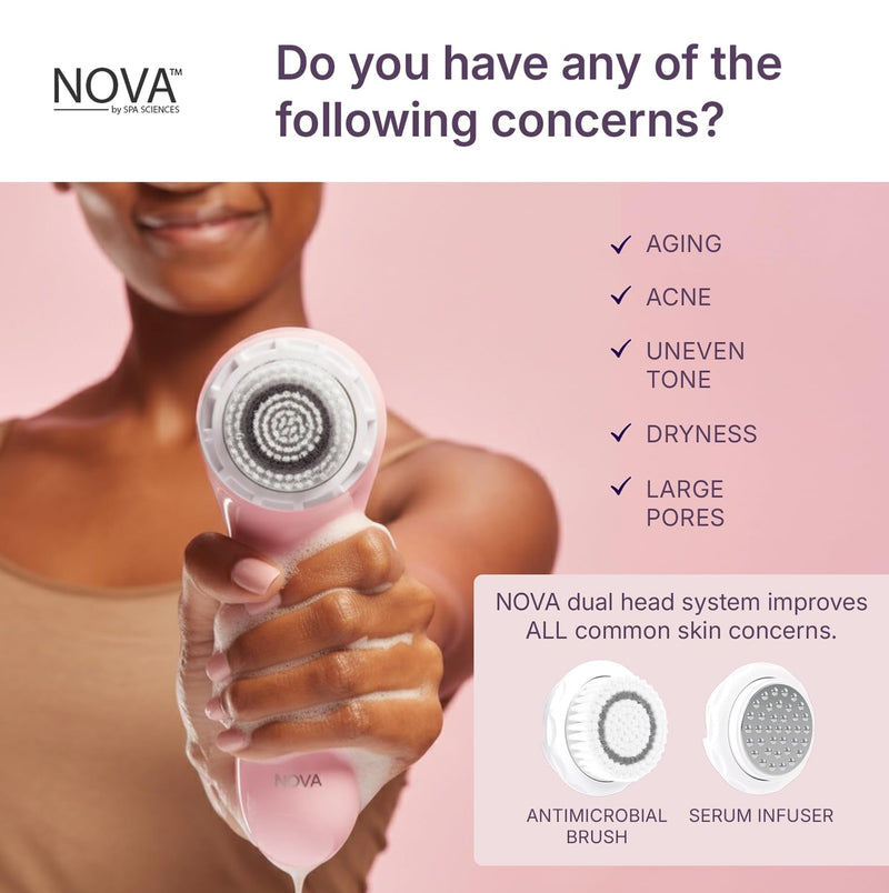 [Australia] - Spa Sciences - NOVA - Sonic Cleansing Brush with Bristles & Infusion System – Anti-Aging Facial Exfoliating, Waterproof, and USB Rechargeable Pink 