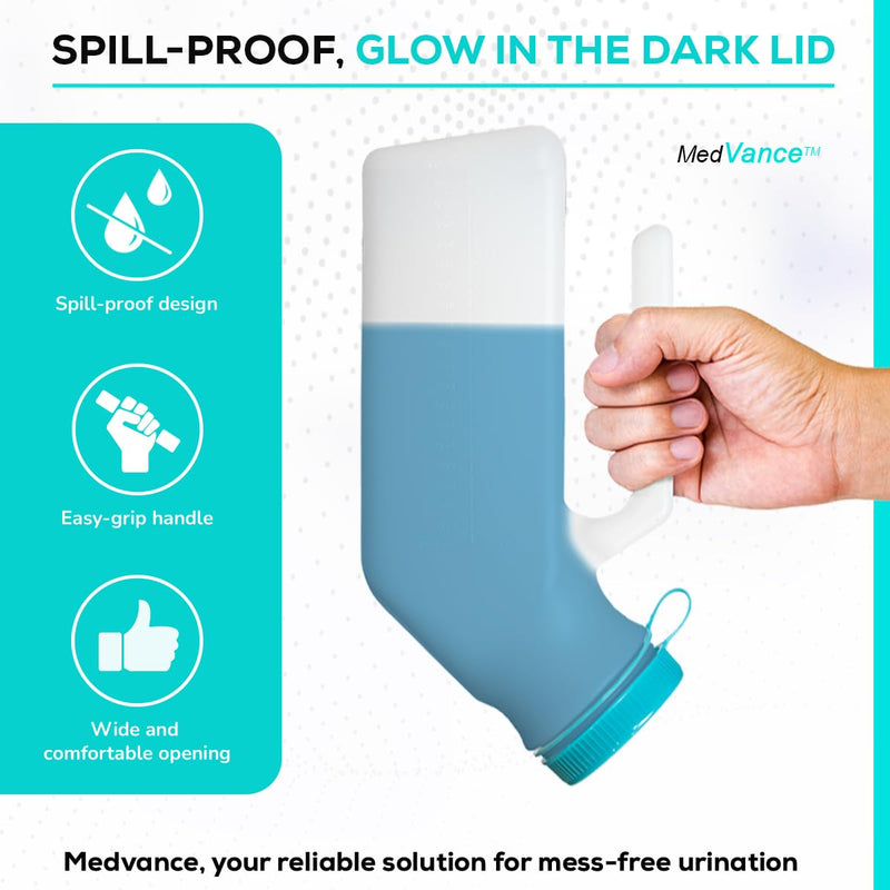 [Australia] - MedVance- Urinals for Men 1000ml with Glow in The Dark Spill Proof Pop Cap Lid, Plastic Pee Bottles for Men, Male Urinals, Pee Container Men, Portable Urinal for Car, Elderly & Incontinence (1 Pack) 